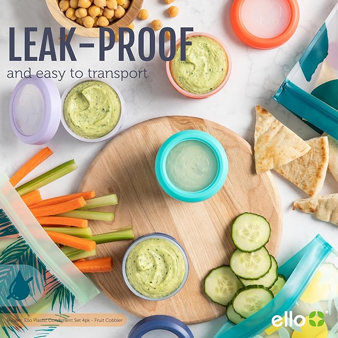 Ello Reusable Condiment Containers 4oz each with Screw-on Leak Proof Lid | Perfect for Salad Dressing Sauce Dips Lunchbox Picnic Travel Bento Box | BPA-Free | Dishwasher Safe