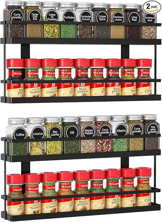 MEIQIHOME 4 Tier Spice Rack Organizer, Spice Shelf Storage Holder for Kitchen Cabinet Pantry Door Wall Mount, Countertop, Black