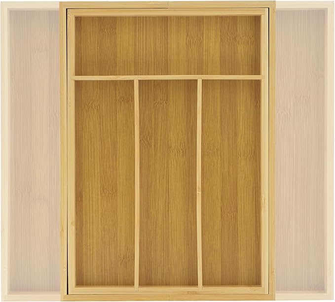 JoyJolt Bamboo Expandable Drawer Organizer for Kitchen Utensils, Adjustable Cutlery Tray, Bamboo Drawer Dividers Organizer for Silverware, Flatware, Knives in Kitchen, Bedroom (4-6 Slots)