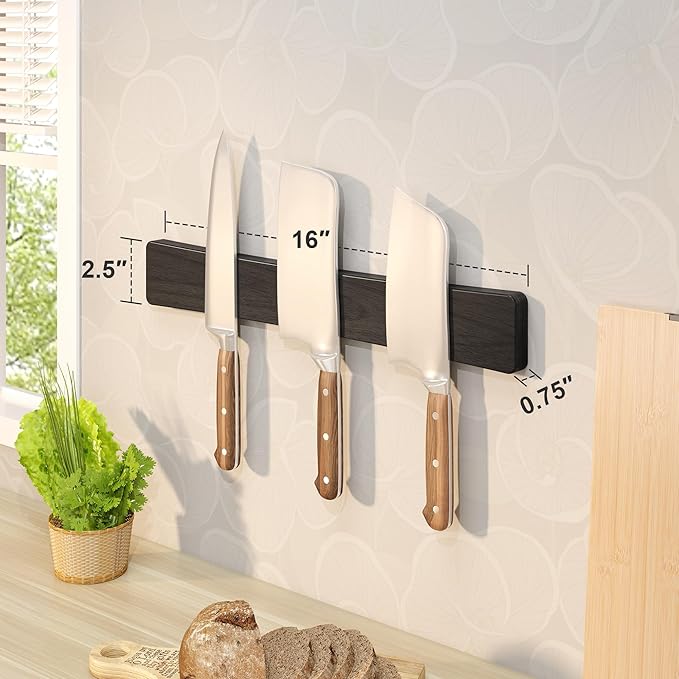 Magnetic Knife Holder for Wall, 16" Acacia Wood No Drill Knife Magnet Strip Use as Tool Key Storage Knife Bar, Powerful Wall Mounted Magnetic Knife Rack for Refrigerator & Kitchen Utensil Organizer