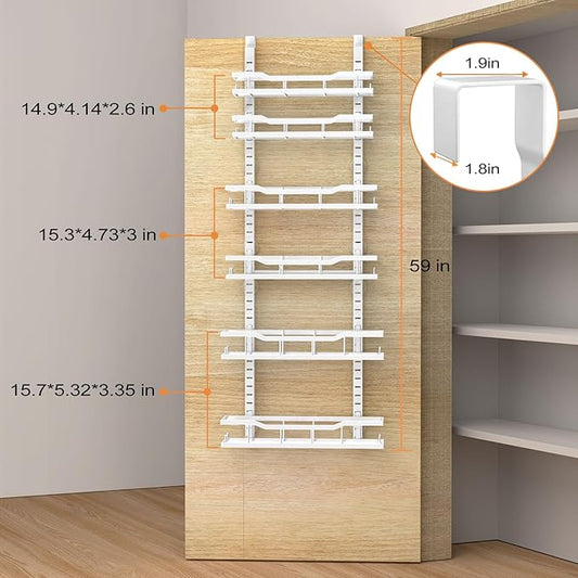 Over The Door Pantry Organizer, 6-Tier Over The Door Organizer with Adjustable Baskets, Metal Hanging Spice Rack for Pantry Organizers and Storage, Suitable for Kitchen Laundry Room & Bathroom, White