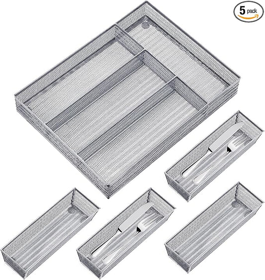Drawer Organizer Set 5 Pack - 4-Compartment Silverware Organizer Tray + 4 Utensil Trays, Kitchen Drawer Organizer for Flatware, Cutlery, Office Supplies, Silver Mesh, Non-Slip