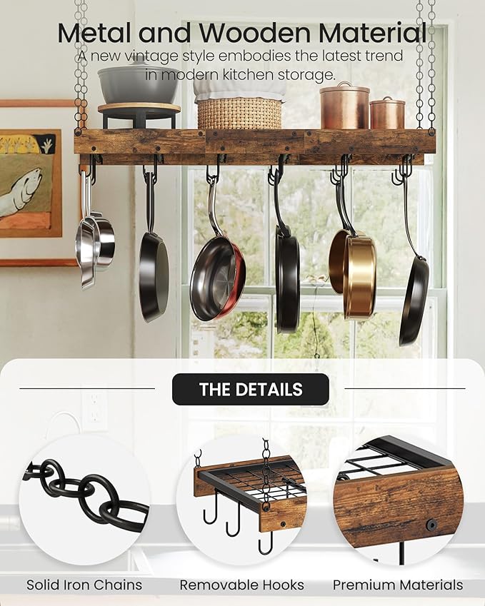 Hanging Pot Rack, Ceiling Wall Mounted Pot Rack for Kitchen, Industrial Style Pot Hanger with 18 Hooks, Cookware Storage Organizer, for Pots and Pans, Rustic Brown and Black TPR12BFC1