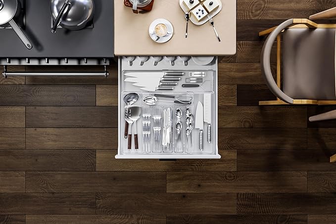 Acina Silverware Organizer for Kitchen Drawers: Expandable Cooking Utensil Tray - Adjustable Cutlery Flatware Holder - Spatula Tools Gadgets Storage Divider Clear (Expandable Tray with 9-Drawers)