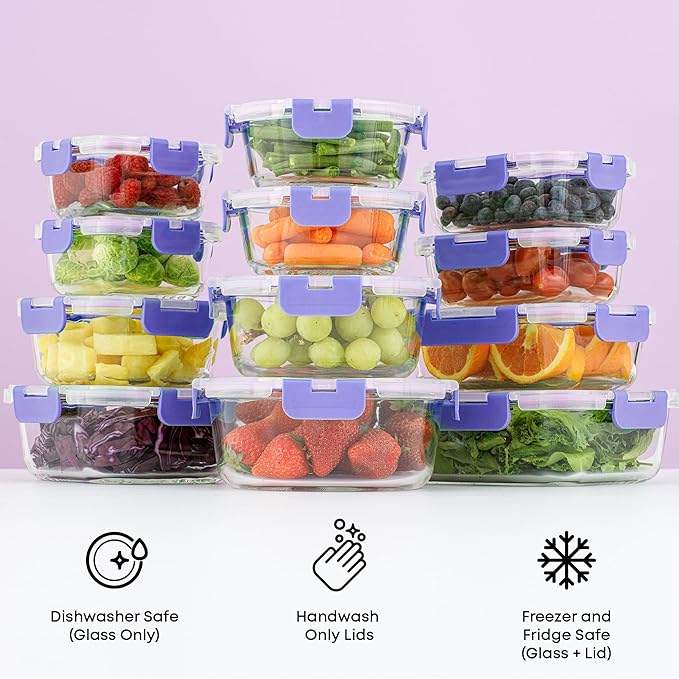 JoyJolt 24pc Borosilicate Glass Storage Containers with Lids. 12 Airtight, Freezer Safe Food Storage Containers, Pantry Kitchen Storage Containers, Glass Meal Prep Container for Lunch