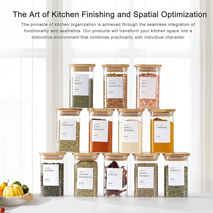 12Pcs Glass Spice Jars with Bamboo Airtight Lids, 8oz Spice Containers with 340 Preprinted Spice Labels of White and Black Color, Empty Seasoning Containers for Spice Salt Sugar Herb