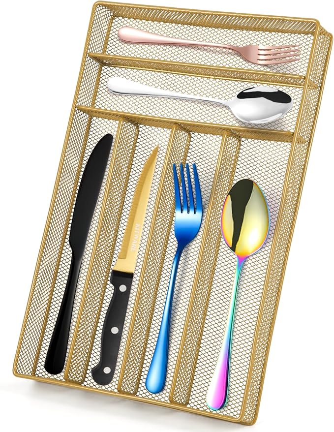 Kitware Silverware drawer organizer, Gold Kitchen Utensil Mesh Metal, Living Room Bedroom Beauty Item Dividers
