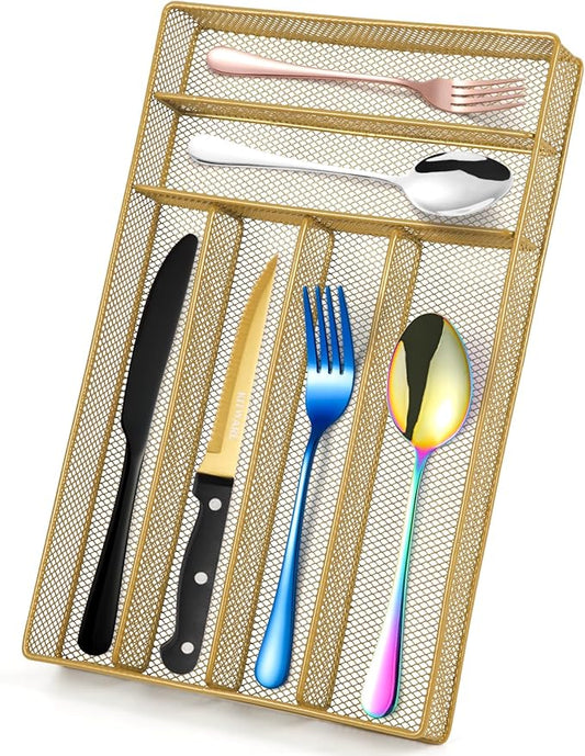 Kitware Silverware drawer organizer, Gold Kitchen Utensil Mesh Metal, Living Room Bedroom Beauty Item Dividers