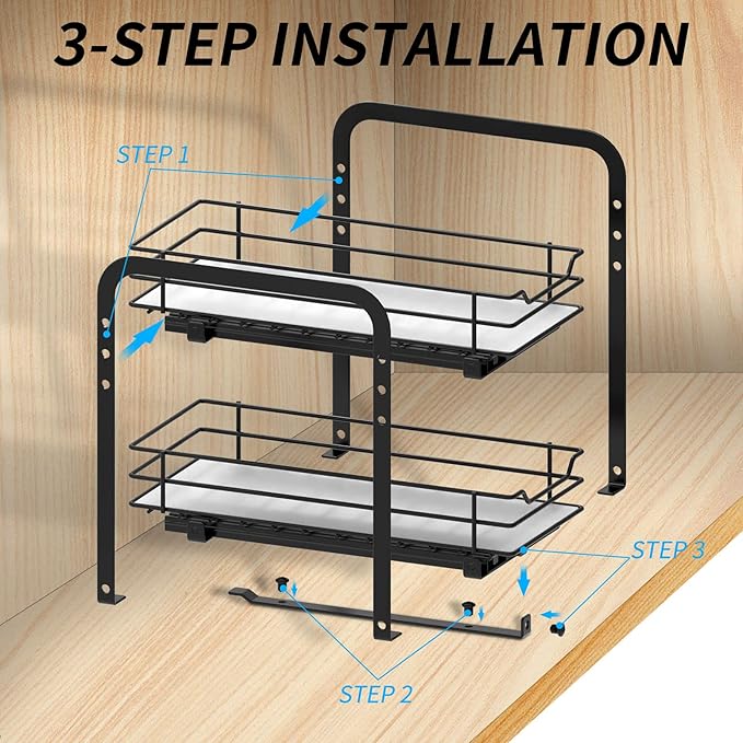Spice Rack Organizer, 2-Tier Pull Out Spice Organizer, Heavy Duty Metal Basket for Inside Cabinets & Pantry Closet