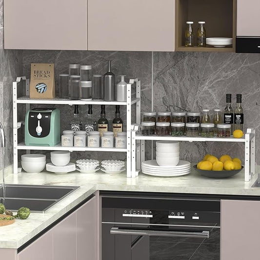 Expandable Shelf for Cabinet Organizer Adjustable Stackable Spice Rack at Kitchen and Bathroom More, Counter Countertop Cupboard Organization Pantry Storage(3 Packs/White,Medium)