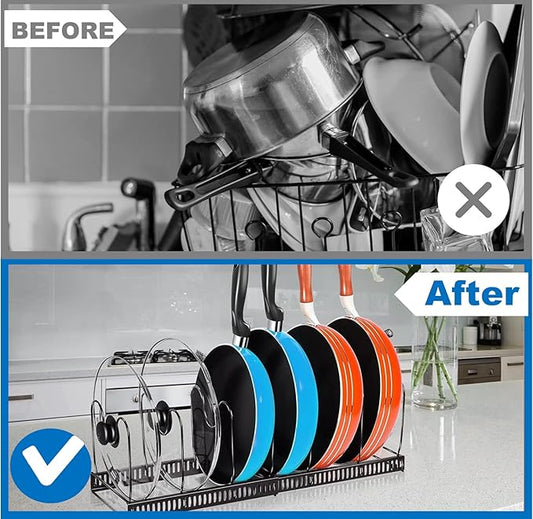 Pot and Pan organizer:Dipped Pan Organizer Rack for Kitchen Cabinet Organizers and Storage with 12 Adjustable Dividers and Anti-scratch Strip,Expandable Pans and Pots Lid Organizer Rack for Cabinet