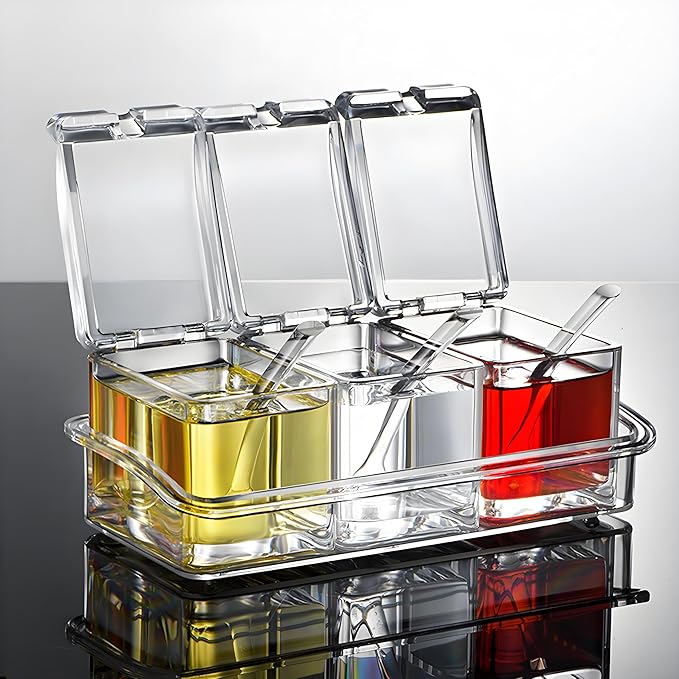 V·RESOURCING Clear Seasoning Box, 3 Pieces Seasoning Rack Spice Pots Storage Container for Spice Salt Sugar Cruet Liquid,Condiment Jars with 3 Spoons