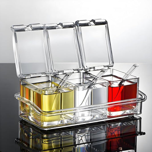 V·RESOURCING Clear Seasoning Box, 3 Pieces Seasoning Rack Spice Pots Storage Container for Spice Salt Sugar Cruet Liquid,Condiment Jars with 3 Spoons