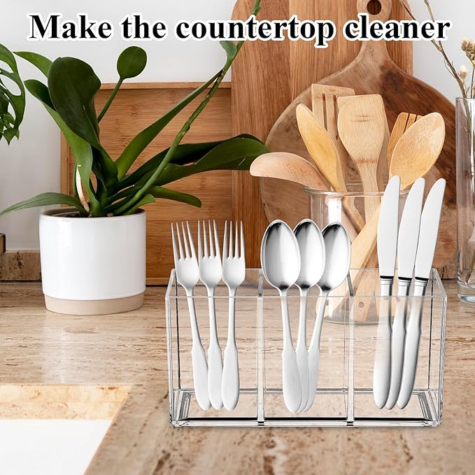 4 Pack Acrylic Cutlery Storage Organizer, Plastic Cutlery Utensil Holder Storage Organizer Caddy for Kitchen Countertop Organization - Holds Fork, Knife, Spoon, Silverware Tableware Storage Box