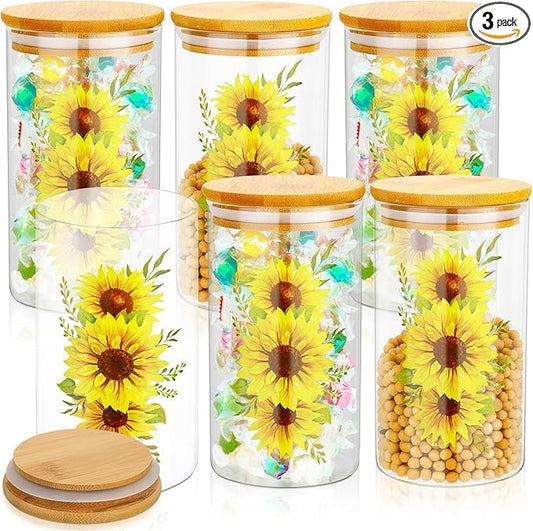 Layhit 3 Pcs Sunflower Glass Canister Set Clear Lemon Kitchen Storage Jars with Airtight Bamboo Lid for Coffee Bean Cookie Candy Tea Flour