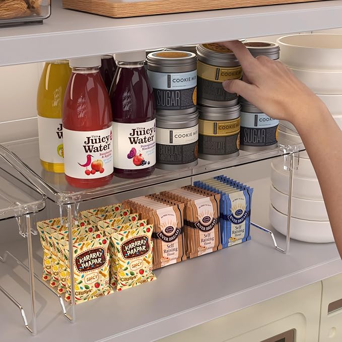 2 Pcs Cabinet Organizer Shelf，Stackable Kitchen Counter Shelves, Spice Rack,Countertop Organizers，Clear Plastic Storage Shelves Rack for Makeup，Bathroom, Cupboard，Desk，Pantry Organization