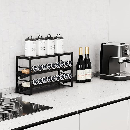Expandable, Stackable, Adjustable Spice Rack kitchen Organizer,Metal Pantry Storage Shelves - Multi-Tier Shelf for Cabinet, Countertop, Pantries, Cupboard or Wall Mount,Black