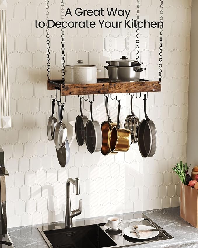 Hanging Pot Rack, Vintage Pot Hangers for Kitchen, Ceiling Mounted Pot Rack, Pot and Pan Hanging Rack with 12 S-Shaped Hooks, for Cookware Storage, Rustic Brown and Black TPR01BF