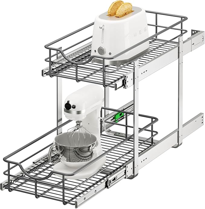 ALINE FURNITURE Pull Out Cabinet Organizer 2-Tier - Soft Close 11" W x 22" D Pullout Shelves for Kitchen Cabinets - Slide Out Drawers, Heavy Duty Steel Wire
