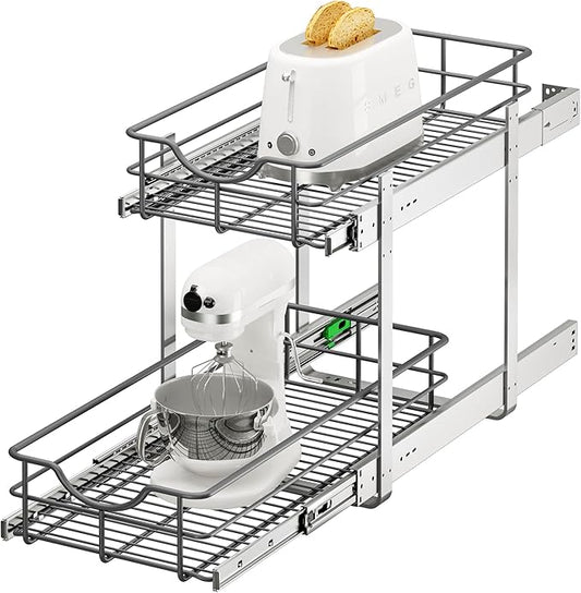 ALINE FURNITURE Pull Out Cabinet Organizer 2-Tier - Soft Close 11" W x 22" D Pullout Shelves for Kitchen Cabinets - Slide Out Drawers, Heavy Duty Steel Wire