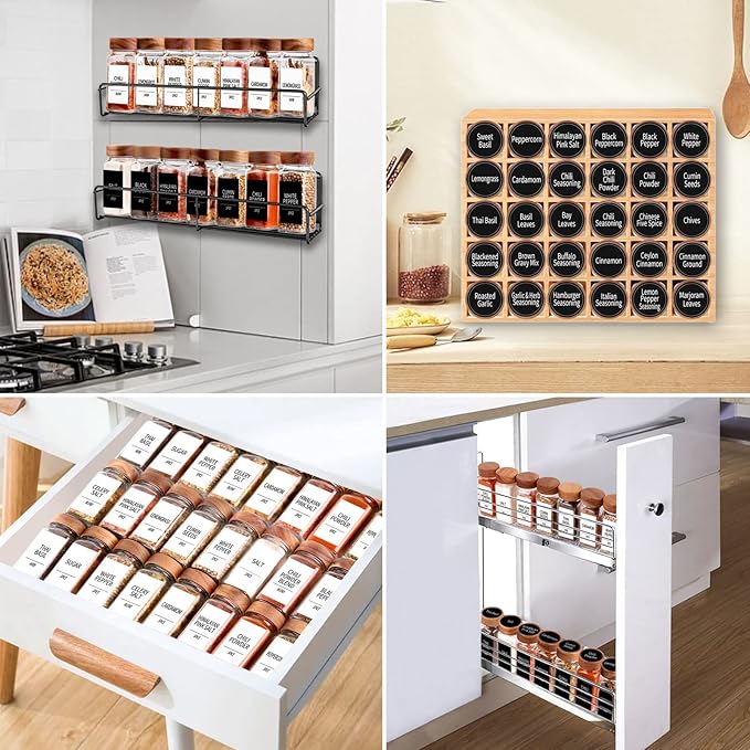 Churboro 48 Spice Jars with 547 Labels and Shaker Lids - Glass - 4 Oz Square Containers with Acacia Wood Lids, Chalk Pen, Funnel Seasoning Jars for Spice Rack, Cabinet, or Drawer