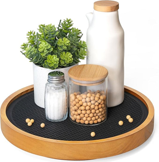 Wood Non-Skid Lazy Susan Organizer Turntable with Rubber Mat – 10.5" Lazy Susan Turntable for Cabinet, Table Top, Pantry & Kitchen Sink - Effortless Organization and Storage Solution (Light Brown)