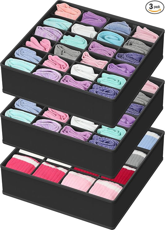 Simple Houseware Sock Drawer Organizer for Dresser/Closet/Bedroom, 3 Pack, Black