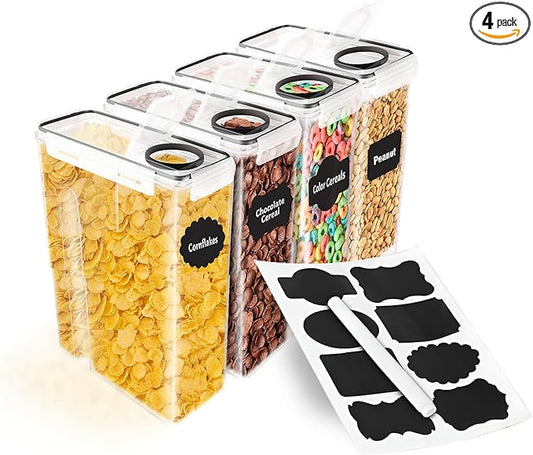 UHS Cereal Containers Storage - 4-Piece Airtight Container Set, Transparent Food Organizers with Lids 4 Liter Reusable Labels & Marker, Clear