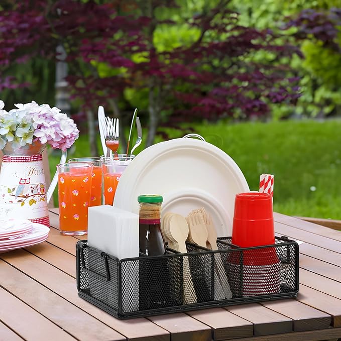 Paper Plate Dispenser with Handle, Metal Paper Plate Holders for Kitchen Counter, Utensil Holder Organizer with 6 Compartments, Silverware Holder Caddy for Cup Fork Spoon Napkin Party Camping
