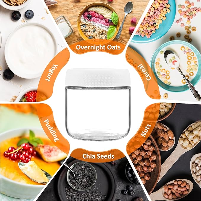 4 Pack Glass Clear Storage Canister with Airtight Lid, 12oz Overnight Oats Containers, Small Cute Decorative Pantry Jar for Snacks, Yogurt, Cereal, Fruit, Salad, Spice, Sugar, Coffee - White