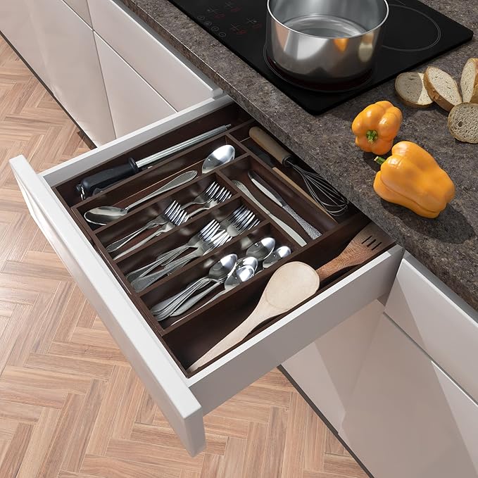 Utopia Kitchen Expandable Drawer Organizer, Adjustable Kitchen Drawer Organizer, Bamboo Drawer Dividers Organizer for Kitchen, Silverware, Flatware, Living Room (Brown, 6-8 Compartment (1-Pack))