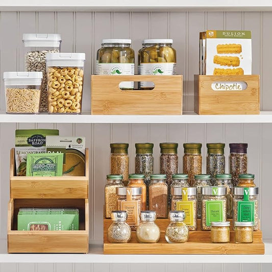 mDesign Bamboo Spice and Food Kitchen Cabinet Pantry Shelf Organizer - 4-Tier Storage - Modern Compact Caddy Rack - Holds Spices/Herb Bottles, Jars - for Shelves, Cupboards, Refrigerator - Clear