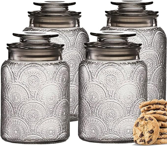 4pc Vintage Glass Canister Set with Airtight Lids - For Kitchen Food Storage and Organization