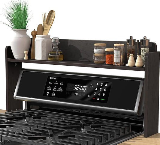 MyLifeUNIT Over The Stove Shelf, 31.5" Wood Stove Top Shelf for Back of Gas Stove, Electric Stove or Curved Stove Spice Rack Shelf for Countertop, Black