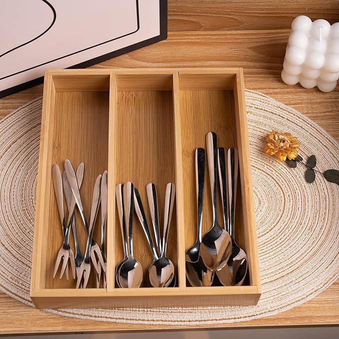 Silverware Organizer Bamboo Kitchen Drawer Organizer Kitchen Utensil Organizers, Flatware Organizer Tray for Flatware, Utensils(Natural)