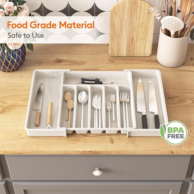 Lifewit Silverware Drawer Organizer, Expandable Utensil Tray for Kitchen, BPA Free Flatware and Cutlery Holder, Adjustable Plastic Storage for Spoons Forks Knives, 2 Pack, White
