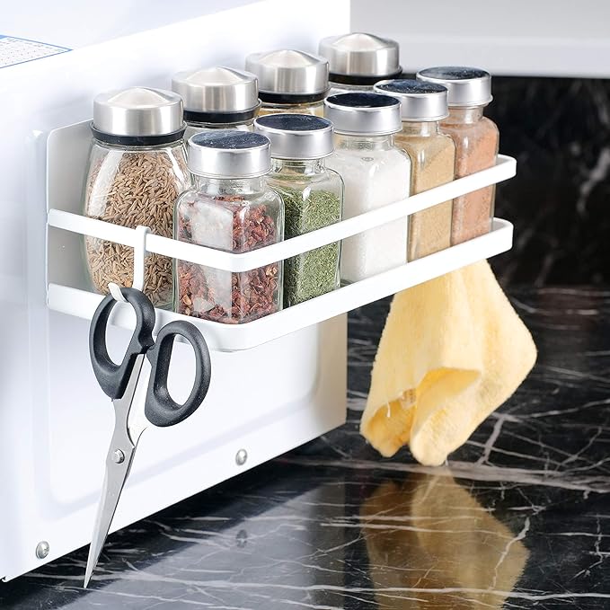 Magnetic Spice Rack with 4 Removable Hooks, Strong Magnet Spice Shelf for Spices, Cooking Oils, Salt, Pepper, Works Perfectly on the Side of Refrigerator for Small Kitchen/Apartment (White)