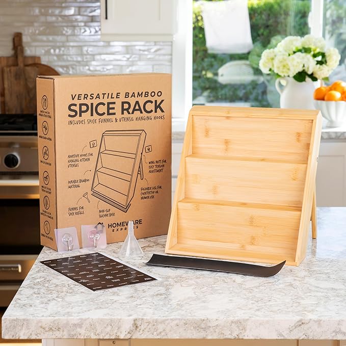 Extra Sturdy 3-Tier Bamboo Spice Rack – 12" W x 10" D x 13" H – Foldable Non-Slip Wooden Spice Organizer for Countertop, Cabinet & Drawer – Includes Labels, Funnel & Hooks