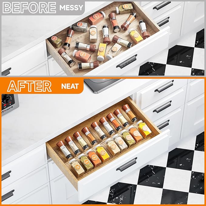 Yieach Clear Acrylic Spice Drawer Organizer,2 Tier- 2 Pack In Drawer Spice Organize and Kitchen Jars Seasoning Organizer Insert,Expandable From 11'' to 22'' Spice Rack and Tray for Cabinet