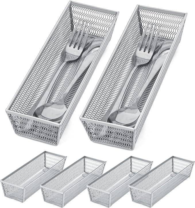 Silverware Organizer,Mesh Drawer Organizer for Kitchen，Metal Utensil Organizer for Flatware, Knives, Spoons,Cosmetic (Silver 9 * 3 * 2 inch Pack6)