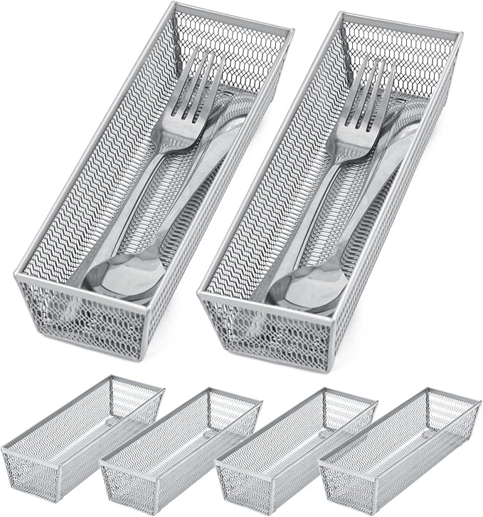Silverware Organizer,Mesh Drawer Organizer for Kitchen，Metal Utensil Organizer for Flatware, Knives, Spoons,Cosmetic (Silver 9 * 3 * 2 inch Pack6)