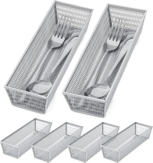 Silverware Organizer,Mesh Drawer Organizer for Kitchen，Metal Utensil Organizer for Flatware, Knives, Spoons,Cosmetic (Silver 9 * 3 * 2 inch Pack6)