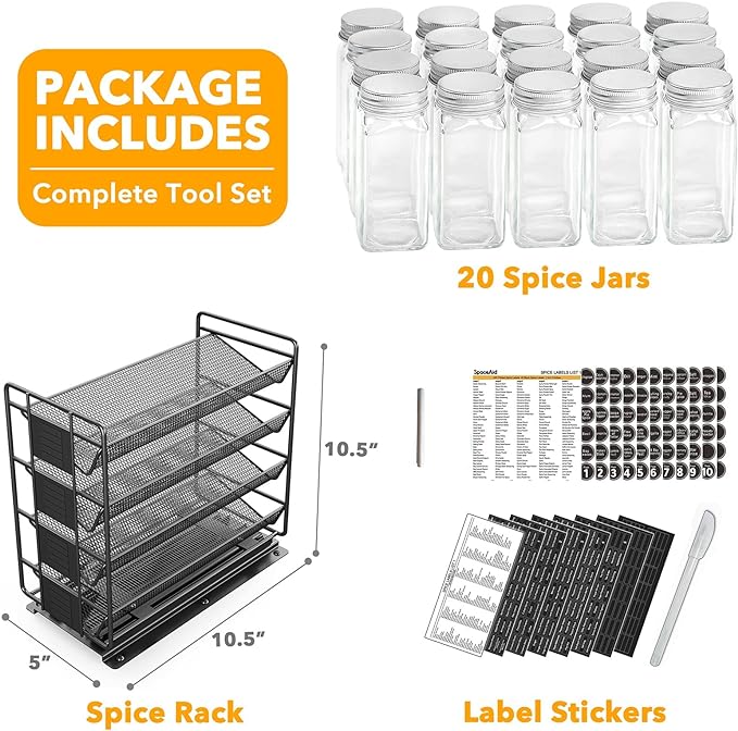 SpaceAid Pull Out Spice Rack Organizer for Cabinet, 2 Drawers 2-Tier, Pull Out Spice Rack Organizer with 20 Jars