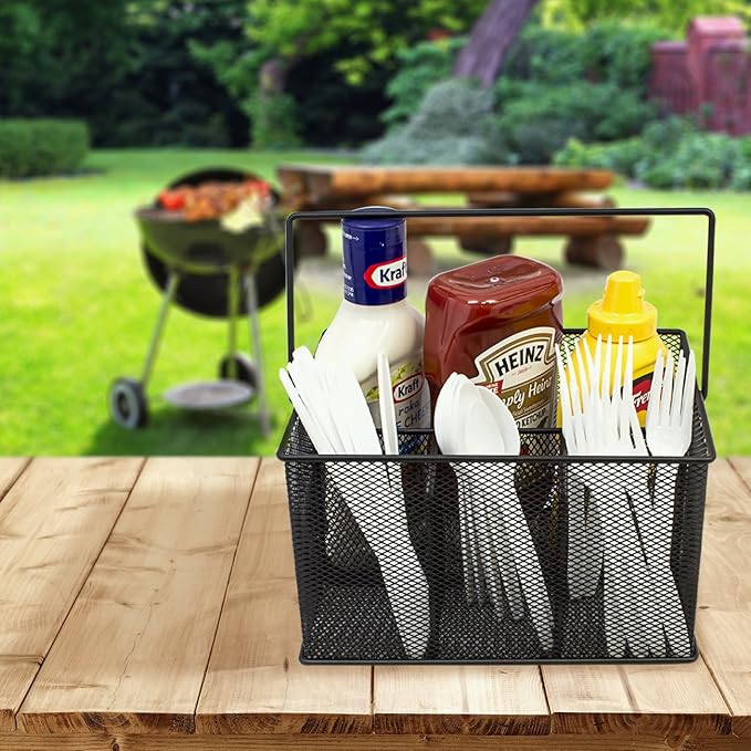 Sorbus® Utensil Caddy — Silverware, Napkin Holder, and Condiment Organizer — Multi-Purpose Steel Mesh Caddy—Ideal for Kitchen, Dining, Entertaining, Tailgating, Picnics, and much more (Black)