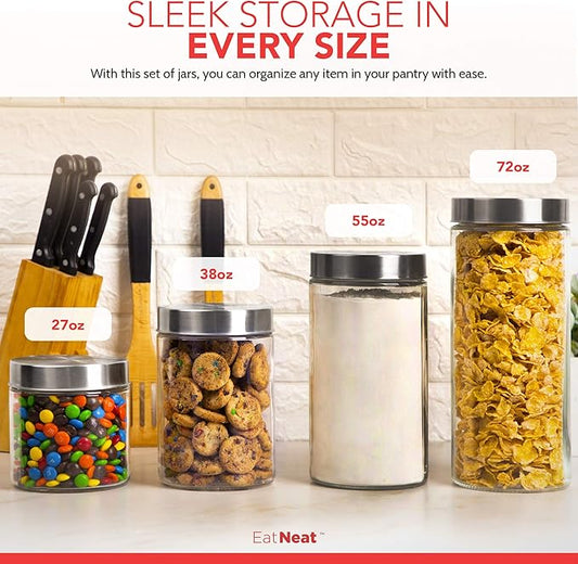EatNeat Set of 4 Glass Canisters with Stainless Steel Lids - Sleek Airtight Glass Storage Containers for Flour, Sugar, Coffee, and Snacks, Essential for Kitchen Organization, Clear, Various Sizes