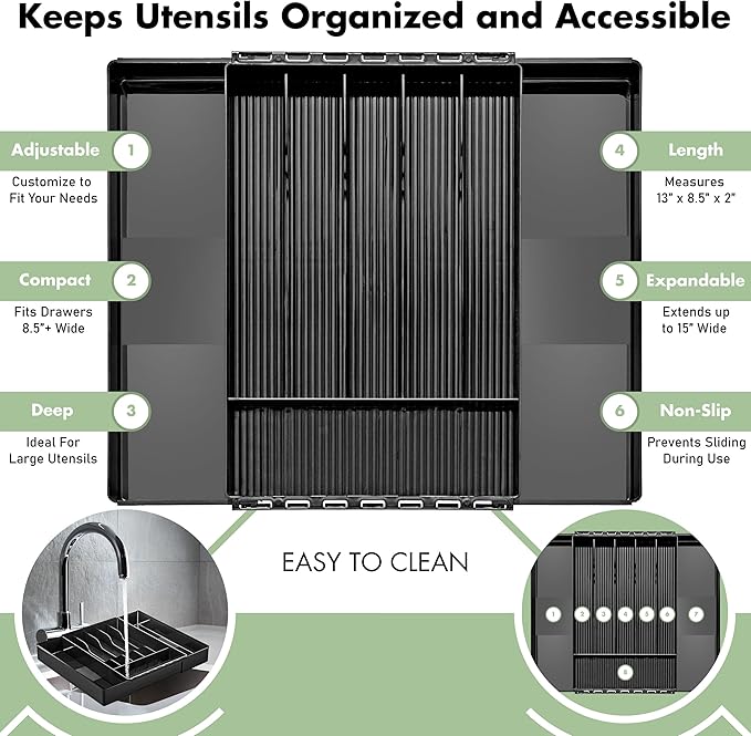Sorbus Silverware Organizer – Expandable Kitchen Drawer Organizer, Non Slip Adjustable Utensil Organizer, Cutlery Tray for Forks, Knives, Spoons – Multipurpose Flatware and Kitchen Storage Solution