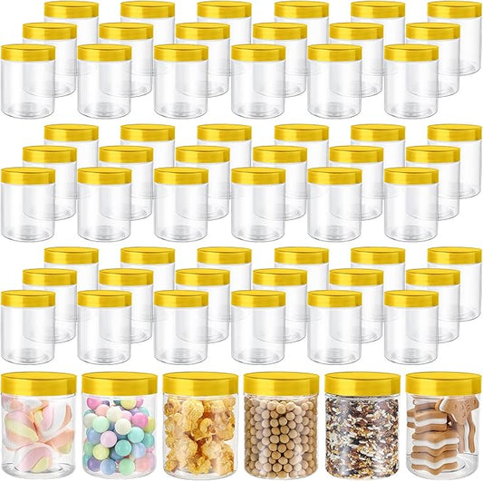 Sliner 60 Pcs 8 oz Plastic Jars with Lids Clear Round Leakproof Storage Containers Empty Refillable Plastic Mason Jars for Travel Storage Face Creams Kitchen Household Food Spice (Gold)