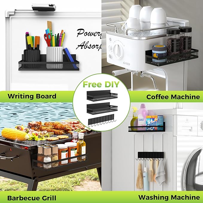 3 Pack Strong Magnetic Spice Rack for Refrigerator on Oven, Movable Kitchen Organizers and Storage for Spices Shelf, Wall Mounted Spice Rack Metal Fridge Shelf for Kitchen in Black