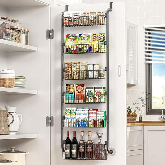 Over The Door Pantry Organizer, 6-Tier Pantry Door Organizers and Storage, Metal Over The Door Organizer, Pantry Door Organizer for Kitchen, D6 x W17 x H60 inch, Black