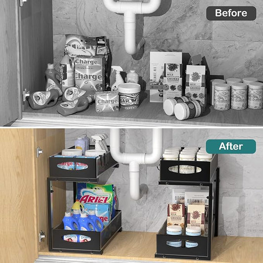 1 Pack Under Sink Organizer, 2 Tier Metal Pull Out Under Sink Storage with Sliding Mesh Drawers, Height Adjustable Slide Out Under Sink Organizer for Kitchen Bathroom Cabinet, Black